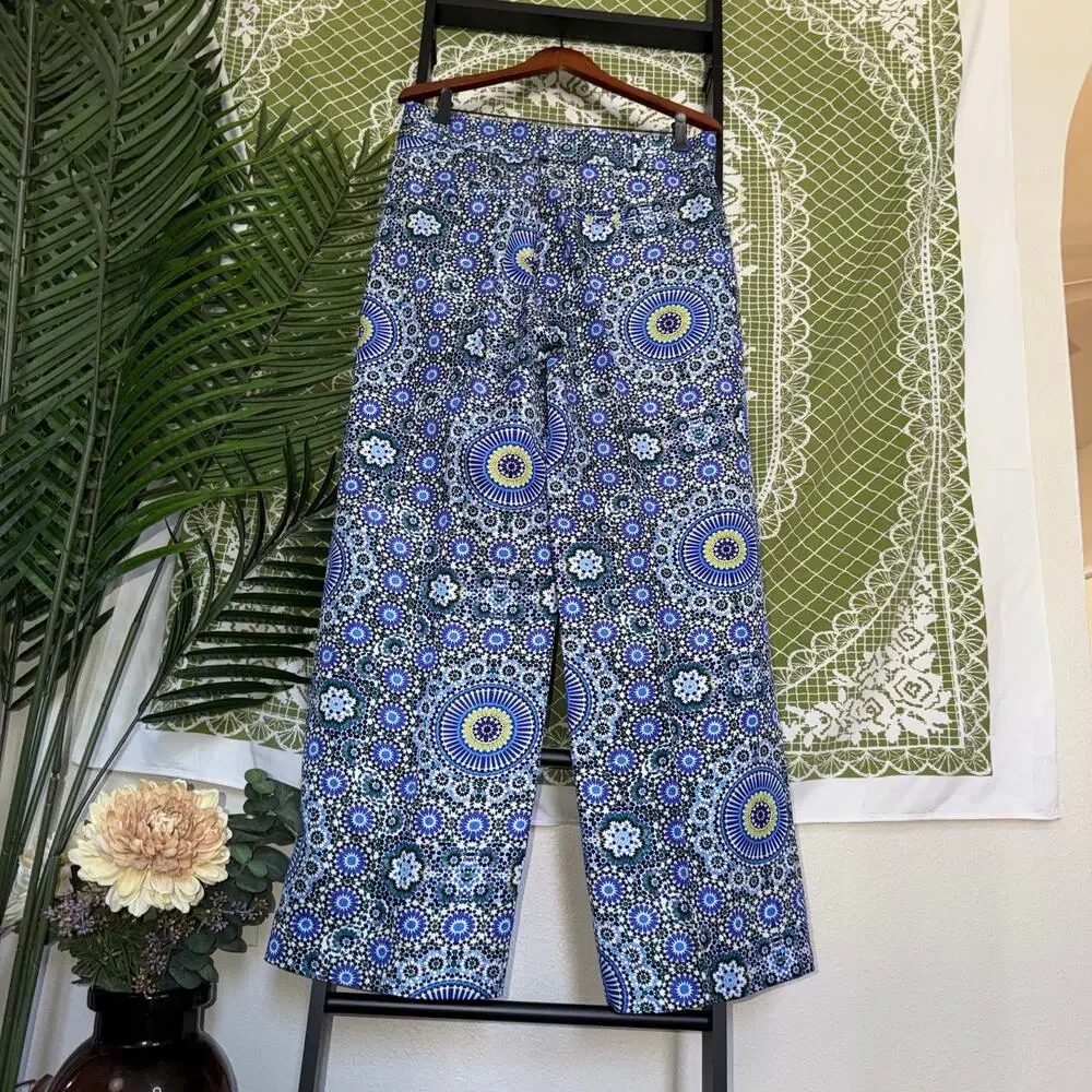 NWOT Banana Republic Mandala Geometric Wide‎ Leg Pants Blue Green 8 Linen Blend